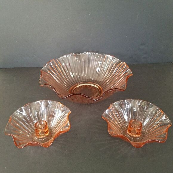 Vintage Anchor Hocking Large Pink Glass Ruffled Bowl & Matching Candle Holders